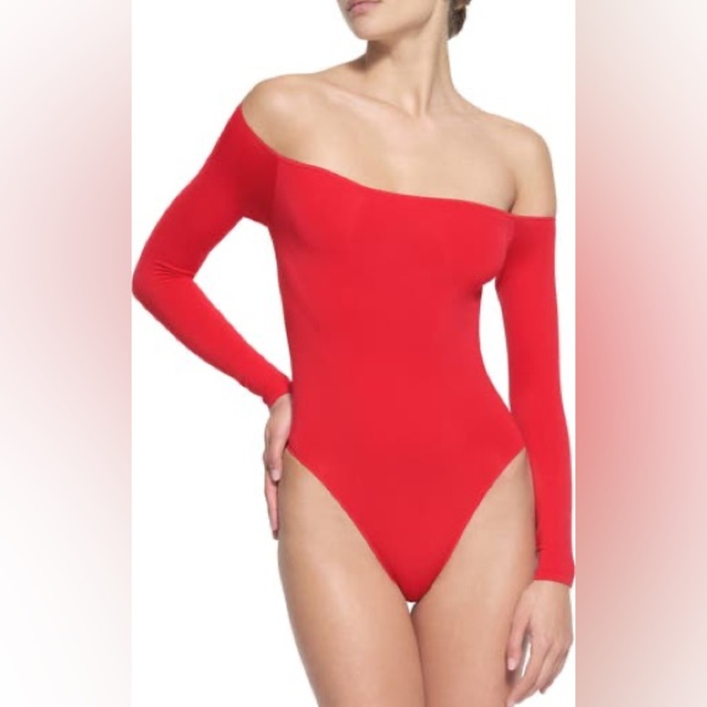Skims Essential Off Shoulder Ling sleeve bodysuit in Red